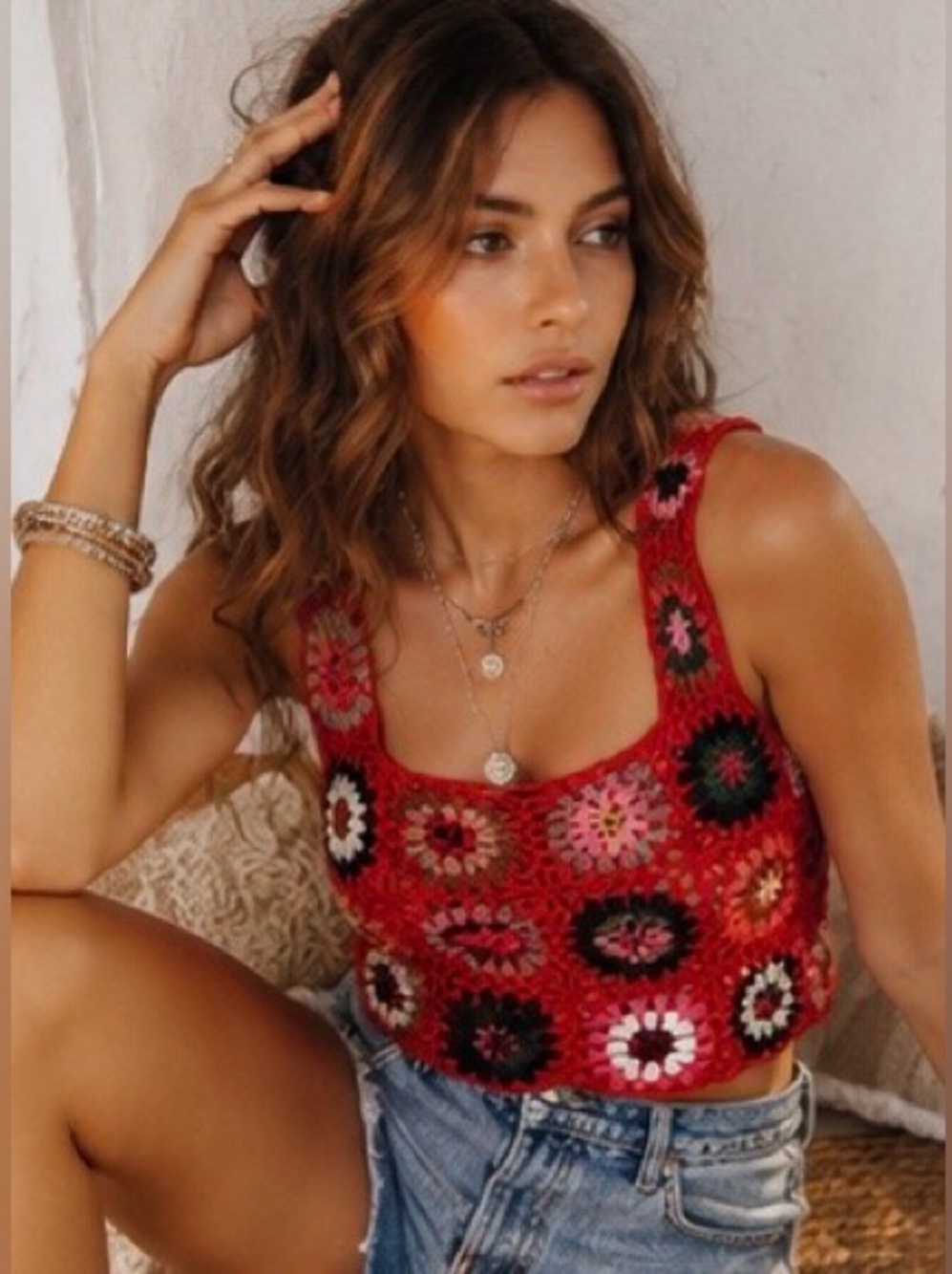 Adora Handmade Crochet Granny Square Crop Top | Red Boho Festival | NWOT | S - L